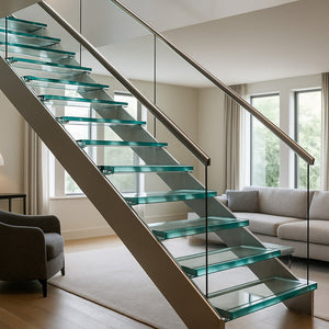 Treppe mit begehbaren Glasstufen in einem hellen Wohnzimmer