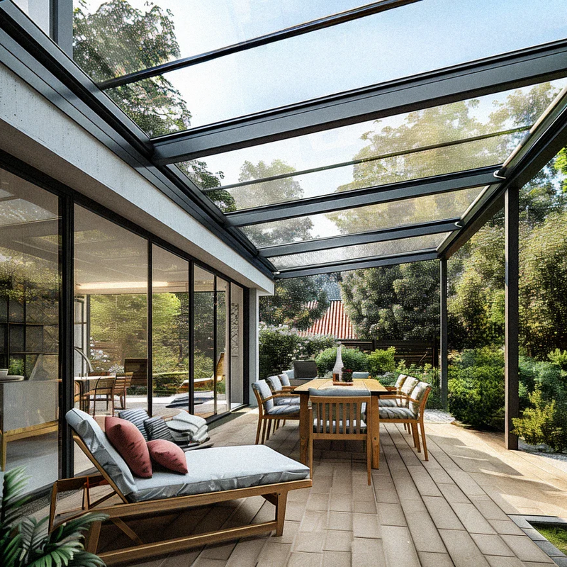 Terrasse mit Liege und Sitzgruppe unter einer anthrazitfarbenen Terrassenüberdachung aus klarem VSG-Glas