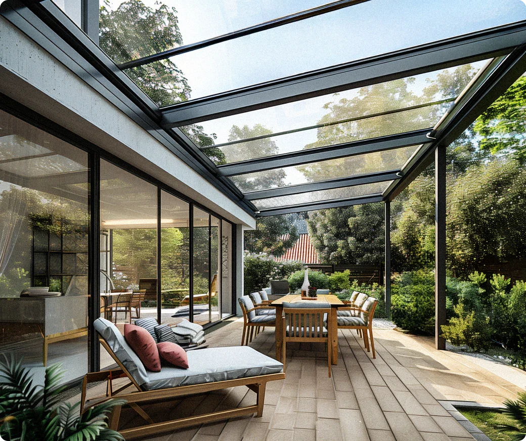 Terrasse mit Liege und Sitzgruppe unter einer anthrazitfarbenen Terrassenüberdachung aus klarem VSG-Glas