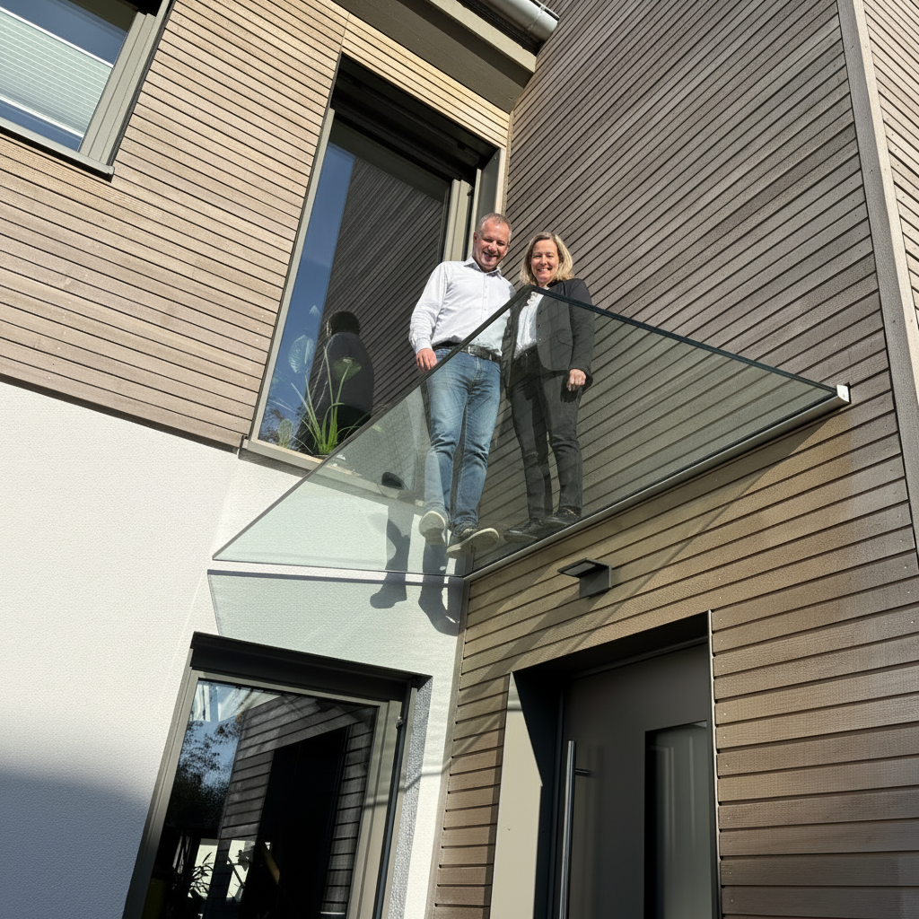 Freitragendes Glasvordach mit zwei Personen