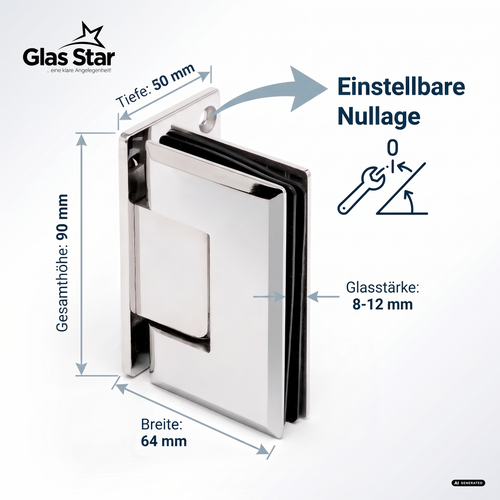 Duschtür-Scharnier 90° einseitiger Fuß | glanzverchromt  | Glas-Wand