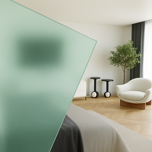 Schlafzimmer mit dezent grüngetönter Glaswand