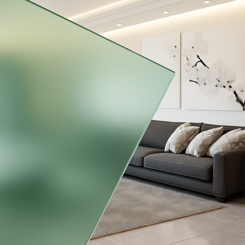 Wohnzimmer mit grüngetönter Glaswand