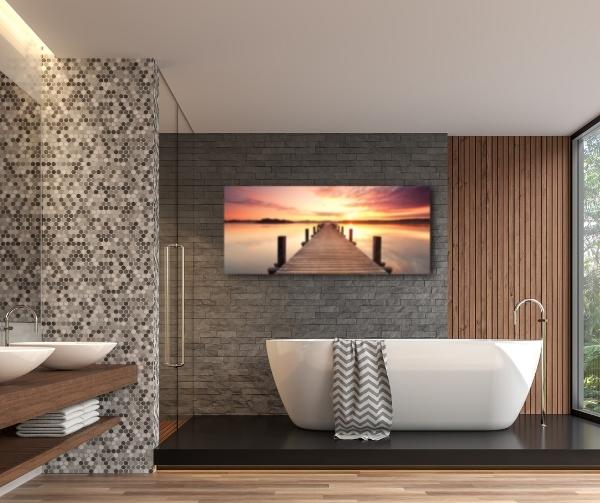 Steg Sonnenuntergang Glasbild individualisierbar bestellen.