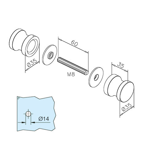 Glastür-Knopf beidseitig Edelstahl Design